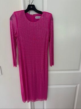 Self-Portrait Hot Pink Long-Sleeve Embellished Midi Dress